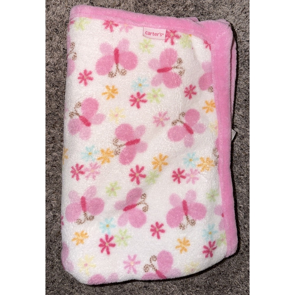 Carter's White Plush Butterflies And Flowers Dark Pink Edge Binding HTF 29X36